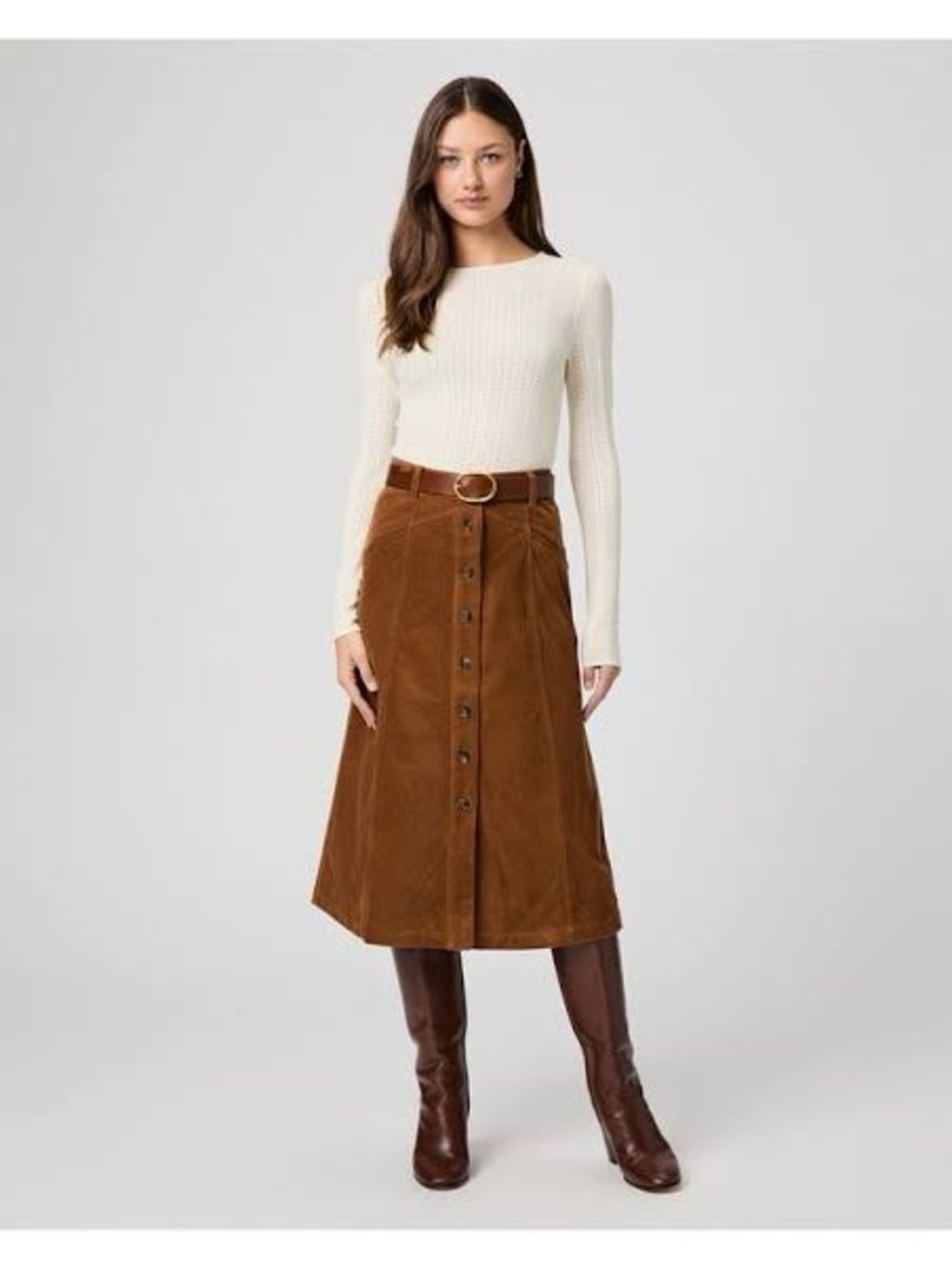 Paige Jahn Women's Button-Front Corduroy A-Line Skirt in Cognac